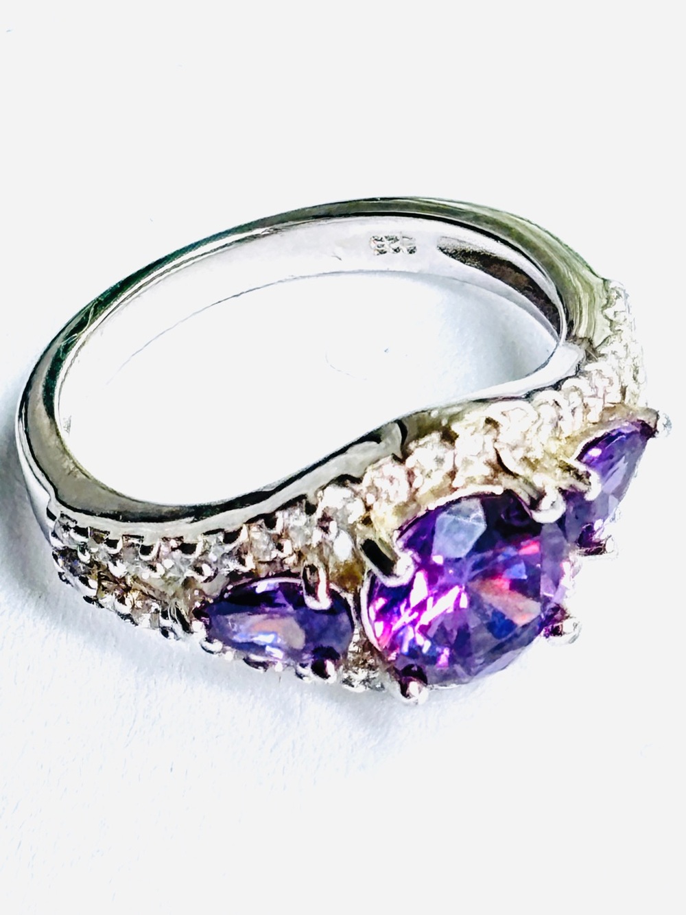 925 Sterling Silver Purple Crystal Rhinestone Three Stone Cocktail Ring Sz 5